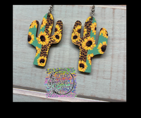 Wood Sunflower and Leopard Cactus Earrings